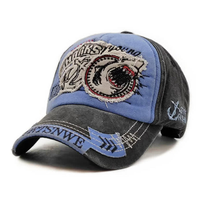 Gewaschene Retro-Baseballkappe mit Hai-Stickerei und ausgefranstem Rand - Himmelblau - Einstellbar (21 5/8"-23 5/8") - image 13