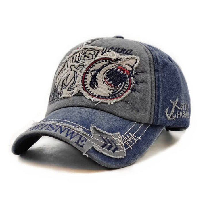 Gewaschene Retro-Baseballkappe mit Hai-Stickerei und ausgefranstem Rand - Marine - Einstellbar (21 5/8"-23 5/8") - image 6