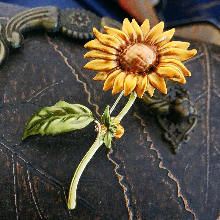 Emaille-Brosche mit Sonnenblumenmotiv für Damen