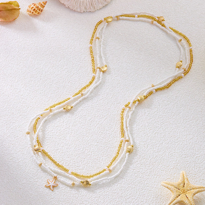 Damen Boho Strand Mehrschichtige Seestern Muschel Perlen Taillenkette