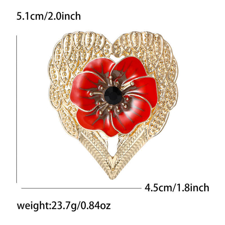 Luxuriöse Emaille-Brosche mit Mohnblumenmotiv und goldenem Herz