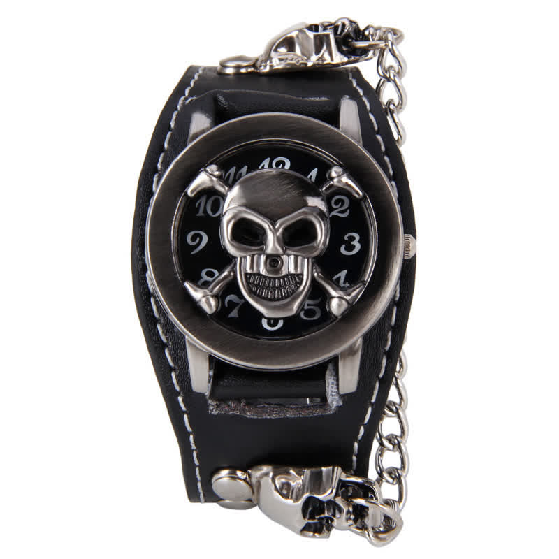 Herrenuhr mit Punk-Nieten-Kettenarmband und Lederarmband und Totenkopf-Abdeckung