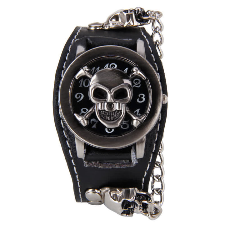 Herrenuhr mit Punk-Nieten-Kettenarmband und Lederarmband und Totenkopf-Abdeckung