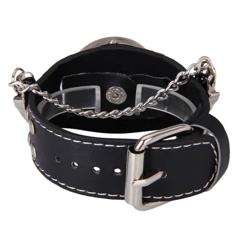 Herrenuhr mit Punk-Nieten-Kettenarmband und Lederarmband und Totenkopf-Abdeckung