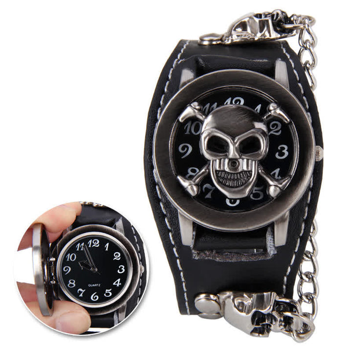 Herrenuhr mit Punk-Nieten-Kettenarmband und Lederarmband und Totenkopf-Abdeckung