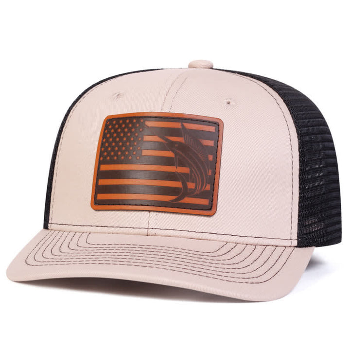 Trucker-Mütze mit Hai-Etikett aus Leder mit USA-Flagge