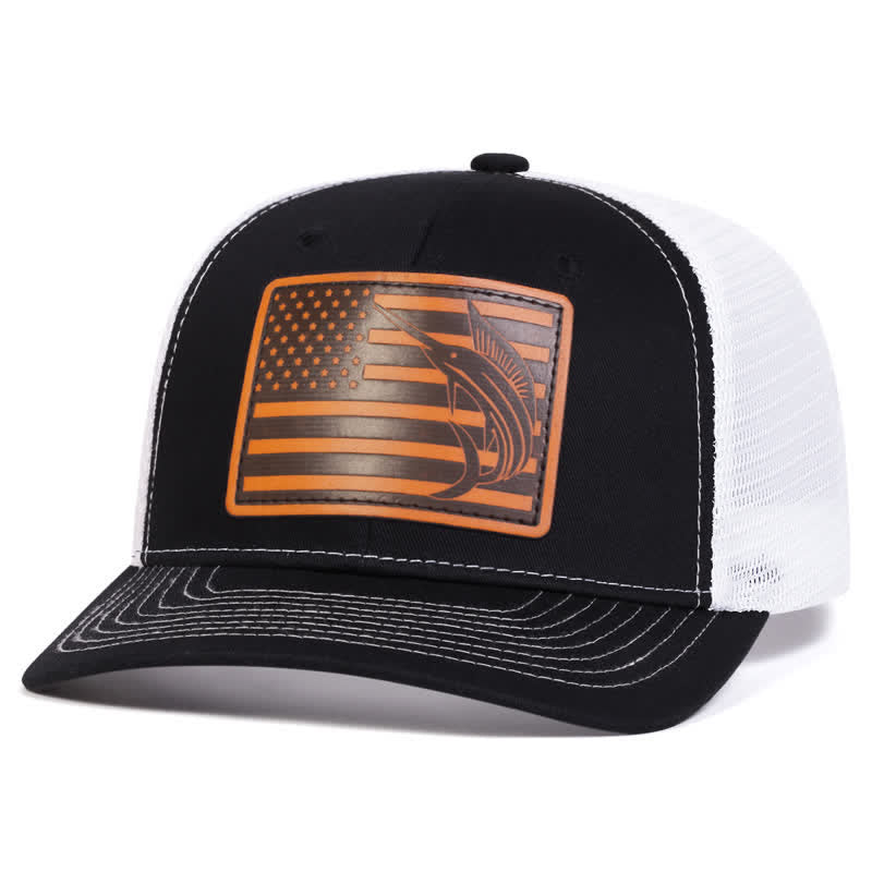 Trucker-Mütze mit Hai-Etikett aus Leder mit USA-Flagge