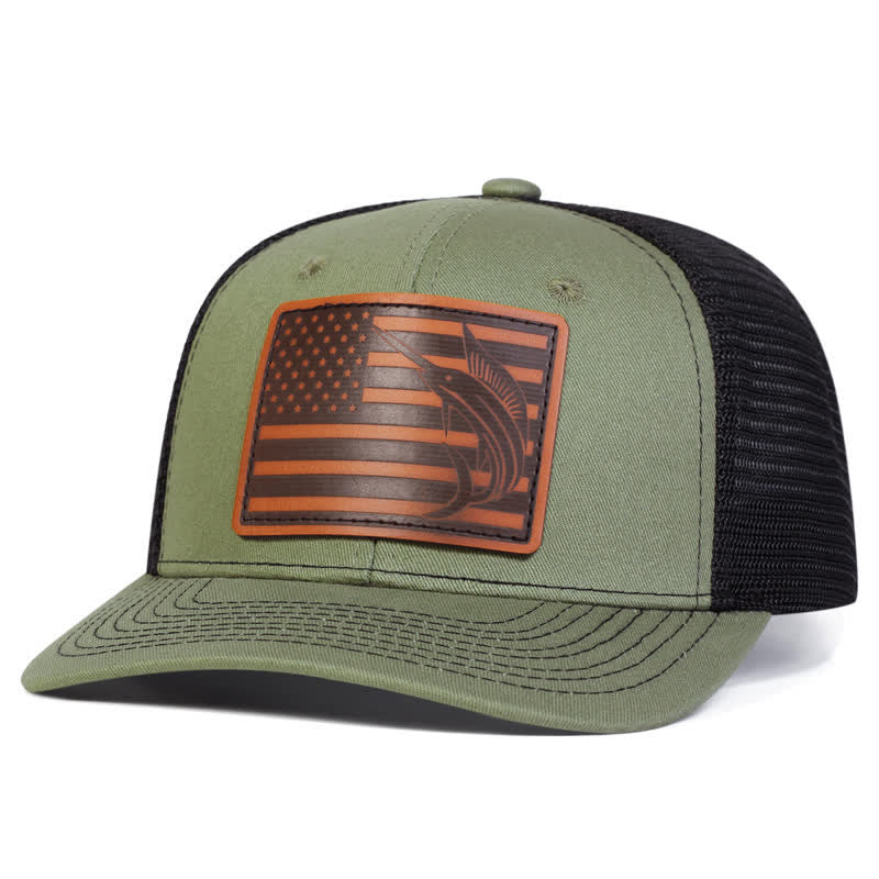 Trucker-Mütze mit Hai-Etikett aus Leder mit USA-Flagge