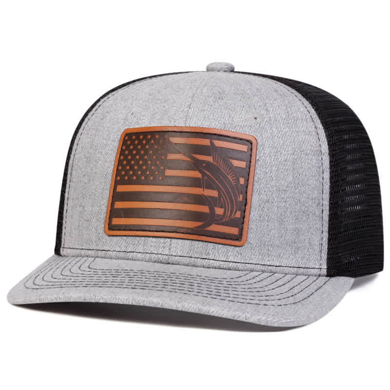 Trucker-Mütze mit Hai-Etikett aus Leder mit USA-Flagge