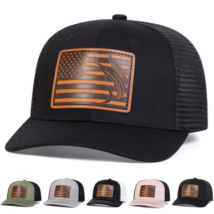 Trucker-Mütze mit Hai-Etikett aus Leder mit USA-Flagge