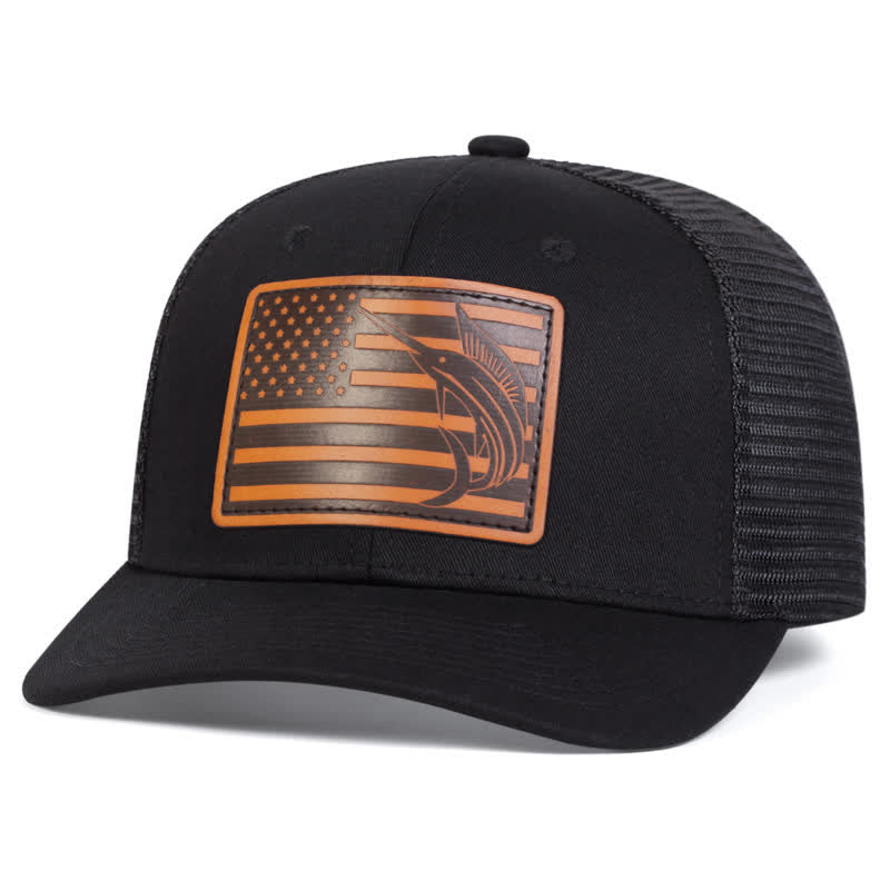 Trucker-Mütze mit Hai-Etikett aus Leder mit USA-Flagge