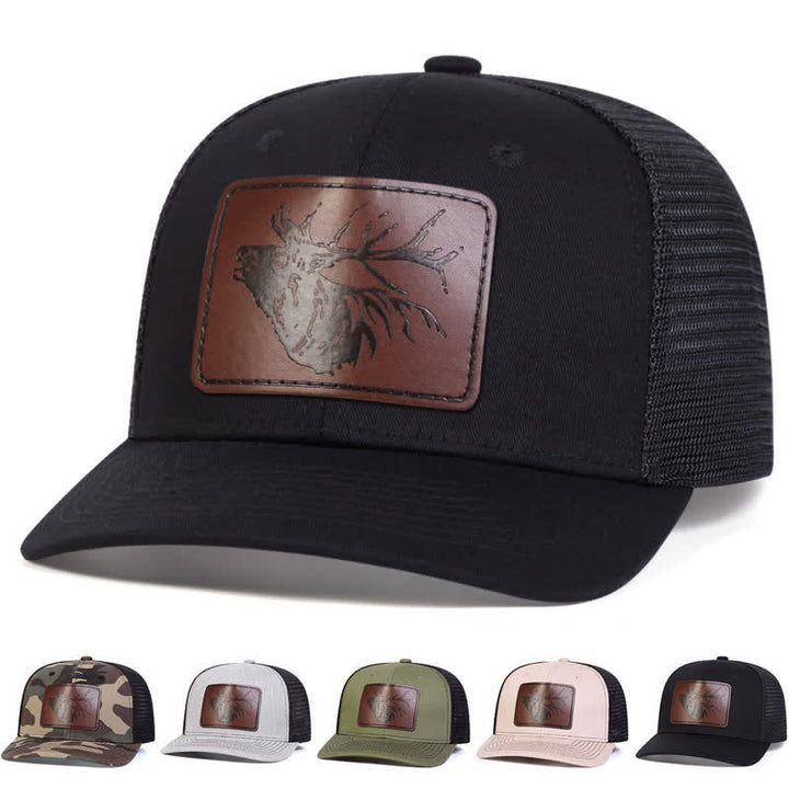 Trucker-Mütze mit großem Hirschkopf-Etikett aus Leder