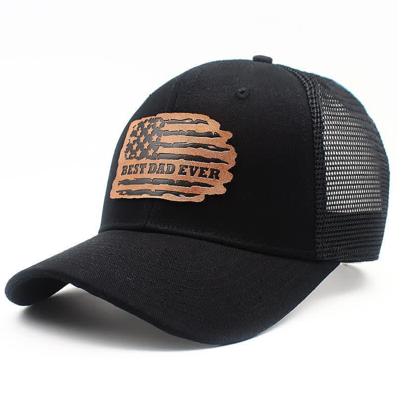 Best Dad Ever Trucker-Mütze mit USA-Flagge, Leder-Etikett und Aufnäher