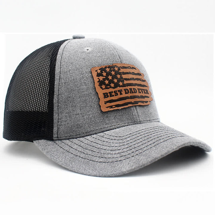 Best Dad Ever Trucker-Mütze mit USA-Flagge, Leder-Etikett und Aufnäher