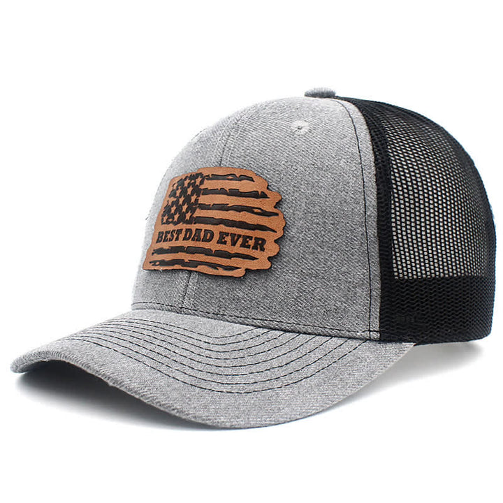 Best Dad Ever Trucker-Mütze mit USA-Flagge, Leder-Etikett und Aufnäher