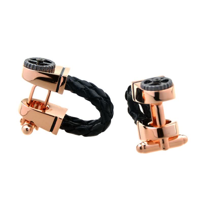 1 Paar geflochtene Ledermanschettenknöpfe mit Zahnradmotiv in Roségold für Herren - Schwarz - image 0