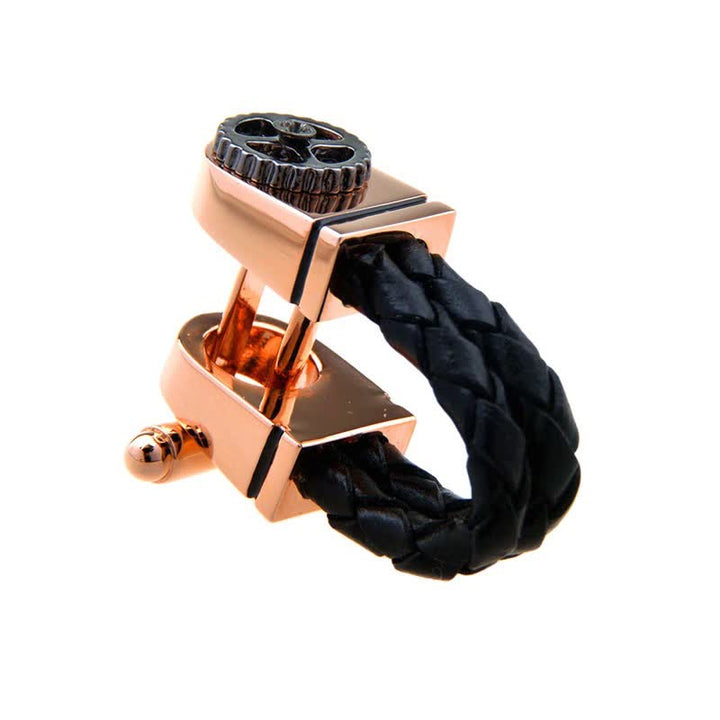 1 Paar geflochtene Ledermanschettenknöpfe mit Zahnradmotiv in Roségold für Herren - image 2