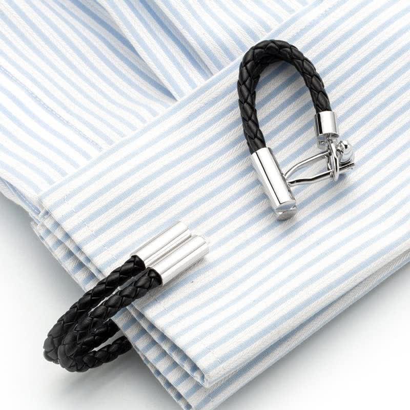 Herren-Manschettenknöpfe aus geflochtenem Leder mit Strickknopf, 1 Paar, Schwarz