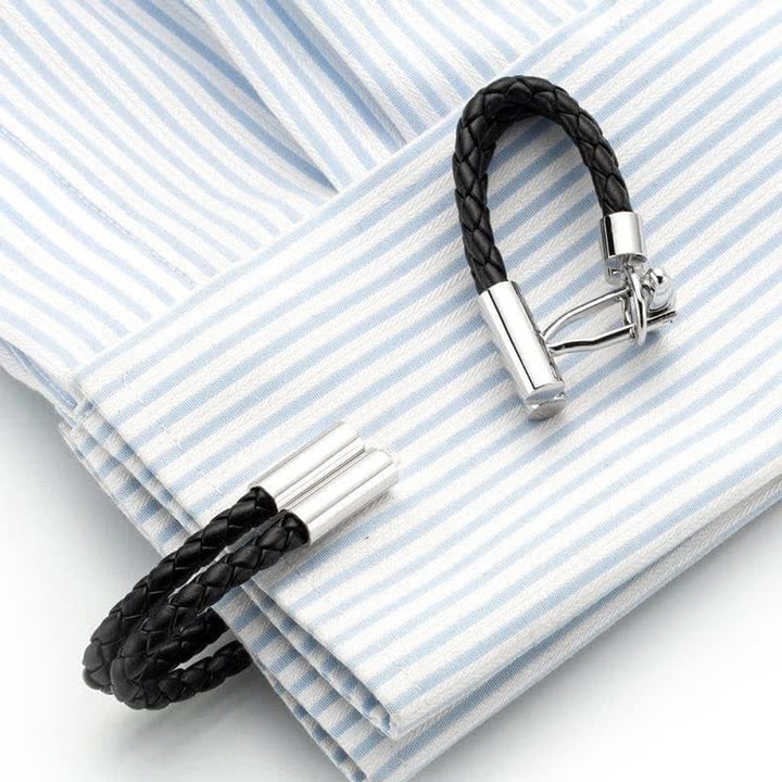 Herren-Manschettenknöpfe aus geflochtenem Leder mit Strickknopf, 1 Paar, Schwarz