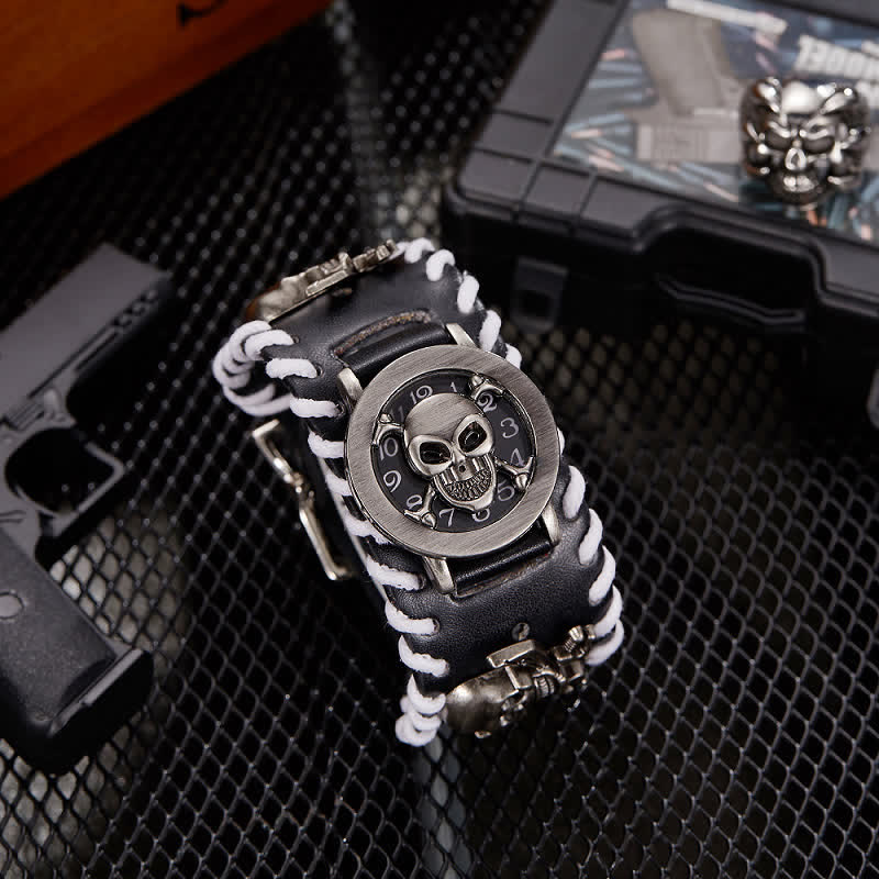 Herrenuhr im Vintage-Stil mit weißem Seilrand und Totenkopf-Abdeckung