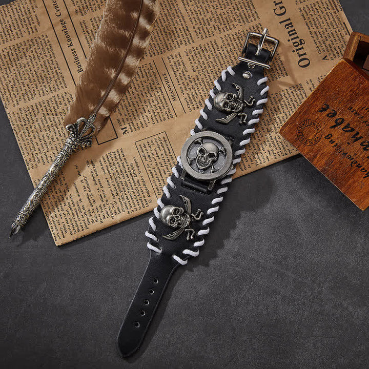 Herrenuhr im Vintage-Stil mit weißem Seilrand und Totenkopf-Abdeckung