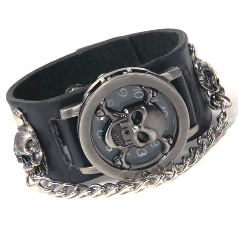 Herren-Armbanduhr „Rock Silver River“ mit Lederarmband und Totenkopf-Deckel