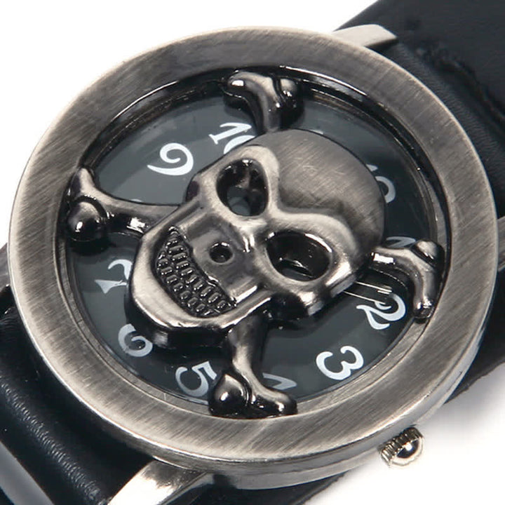 Herren-Armbanduhr „Rock Silver River“ mit Lederarmband und Totenkopf-Deckel