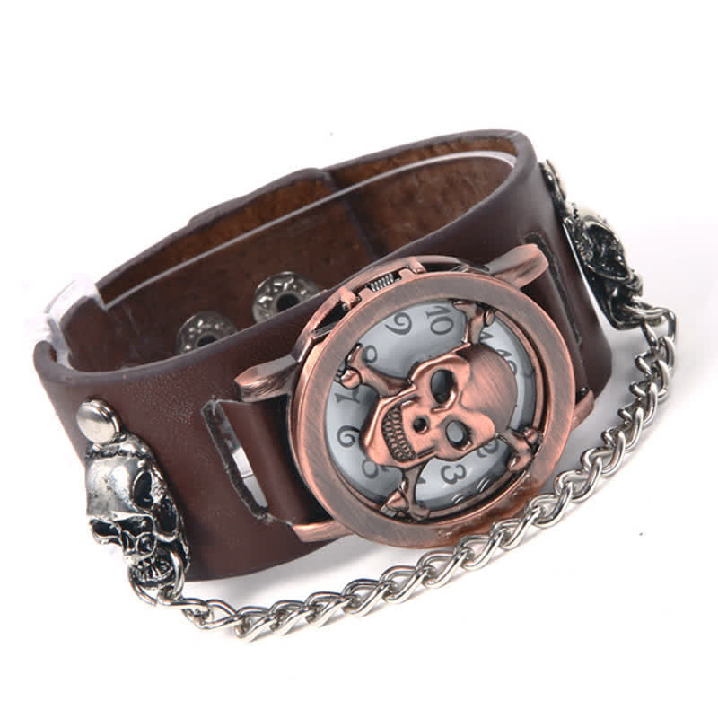 Herren-Armbanduhr „Rock Silver River“ mit Lederarmband und Totenkopf-Deckel