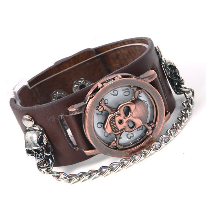 Herren-Armbanduhr „Rock Silver River“ mit Lederarmband und Totenkopf-Deckel