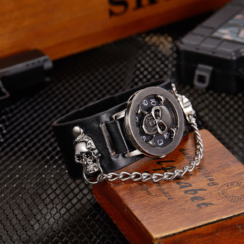 Herren-Armbanduhr „Rock Silver River“ mit Lederarmband und Totenkopf-Deckel