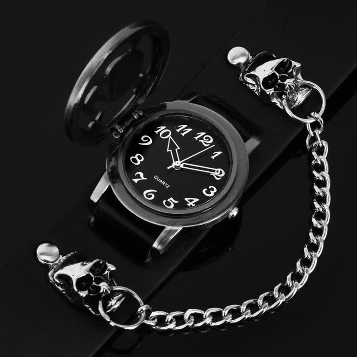 Herren-Armbanduhr „Rock Silver River“ mit Lederarmband und Totenkopf-Deckel