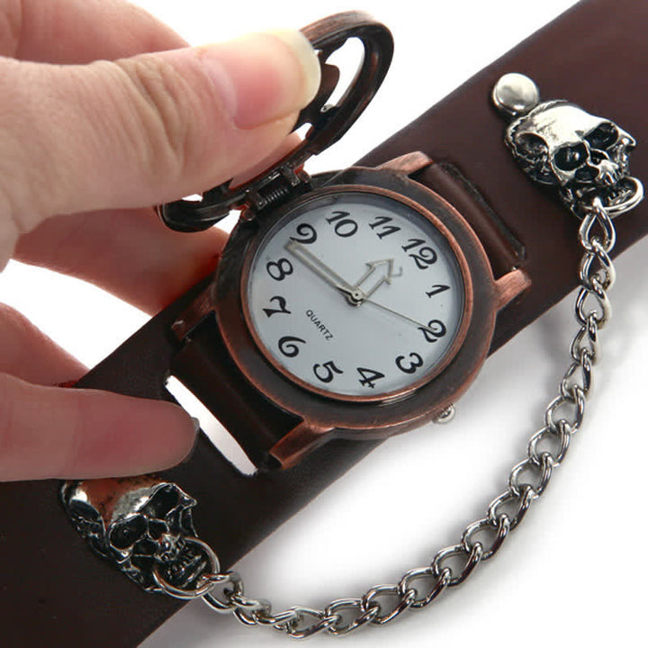 Herren-Armbanduhr „Rock Silver River“ mit Lederarmband und Totenkopf-Deckel