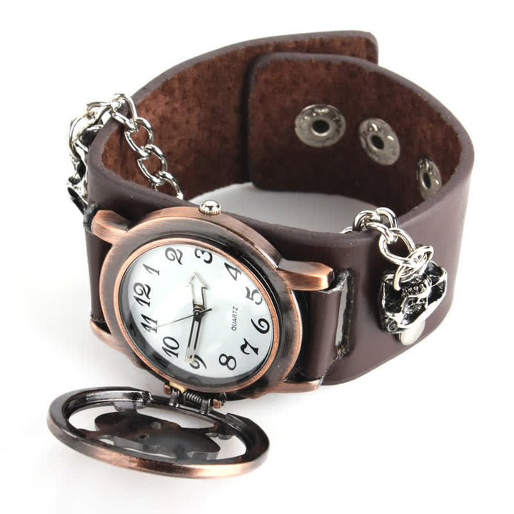 Herren-Armbanduhr „Rock Silver River“ mit Lederarmband und Totenkopf-Deckel