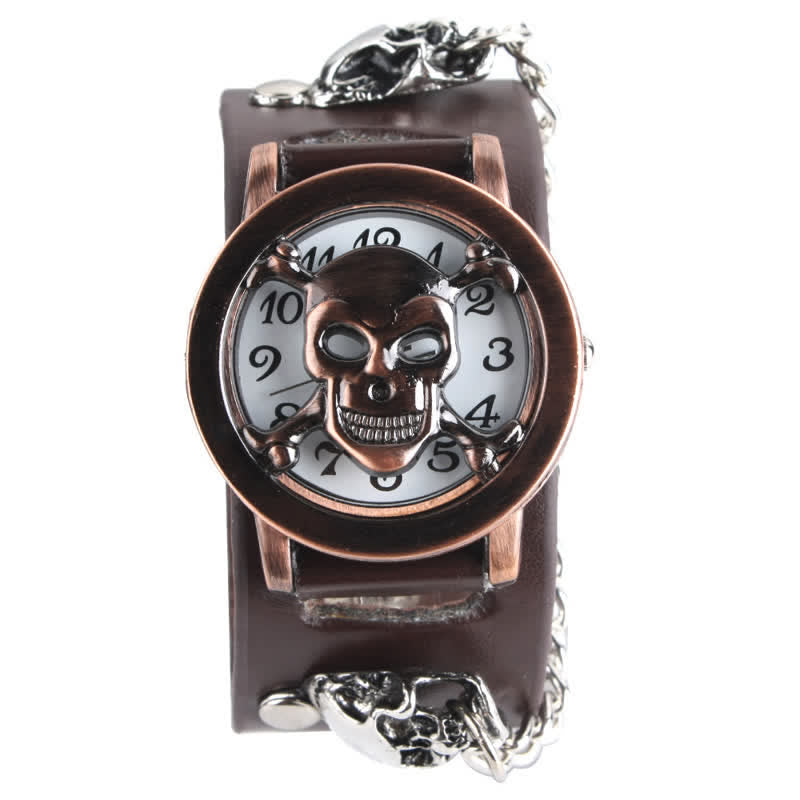 Herren-Armbanduhr „Rock Silver River“ mit Lederarmband und Totenkopf-Deckel