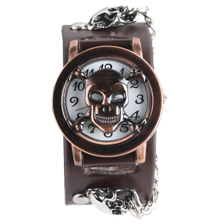 Herren-Armbanduhr „Rock Silver River“ mit Lederarmband und Totenkopf-Deckel