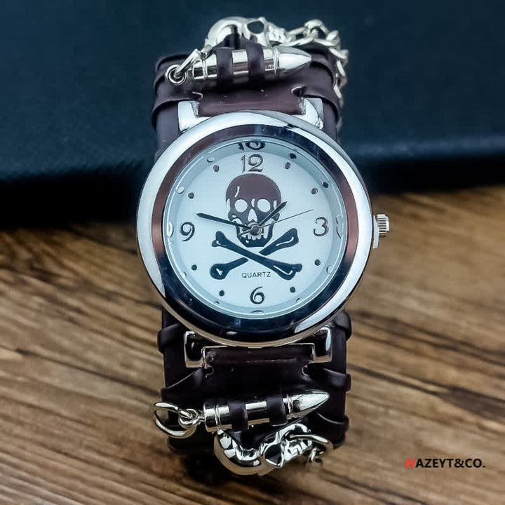 Herrenuhr mit Rock-Totenkopf-Zifferblatt und silberner Flusskette aus Leder