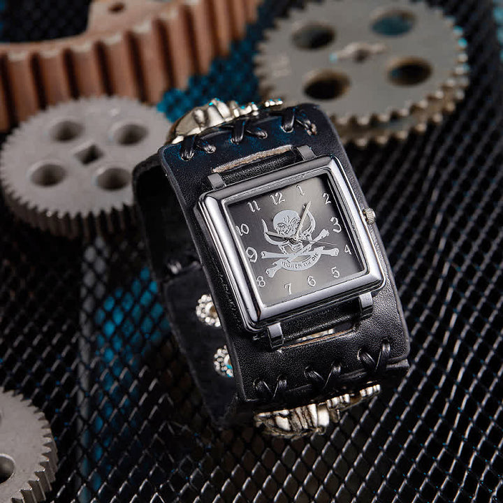 Herrenuhr mit Totenkopf-Nieten, schwarzes Lederarmband