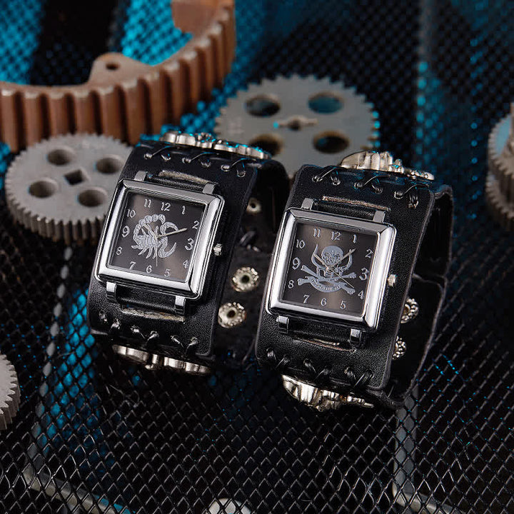 Herrenuhr mit Totenkopf-Nieten, schwarzes Lederarmband