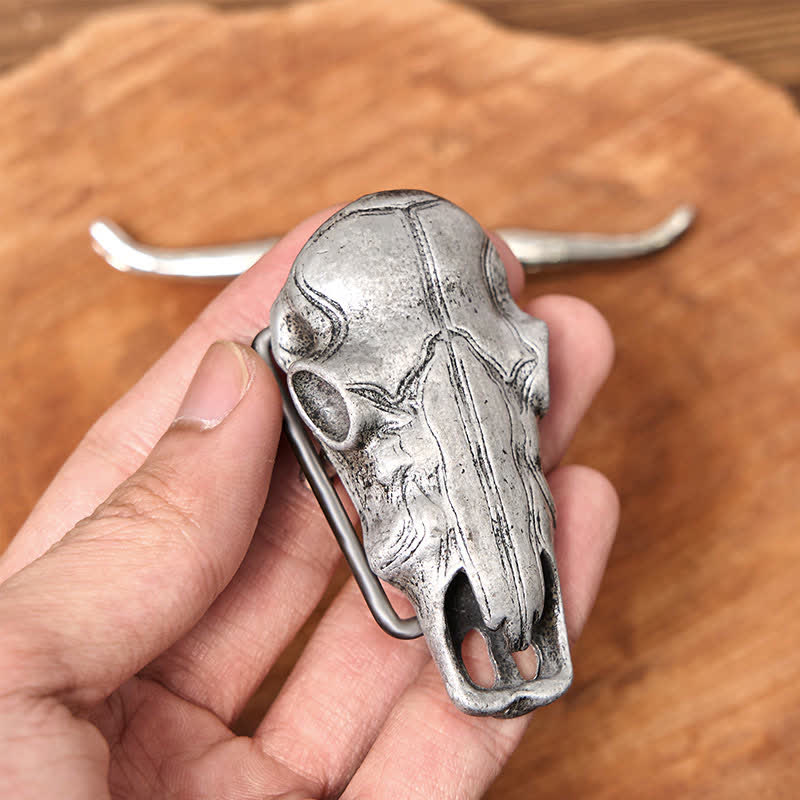 Einzigartiger Longhornkopf DIY verstecktes Messer Silberschnalle Ledergürtel