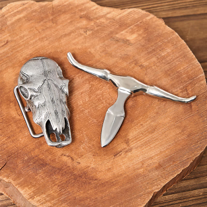 Einzigartiger Longhornkopf DIY verstecktes Messer Silberschnalle Ledergürtel