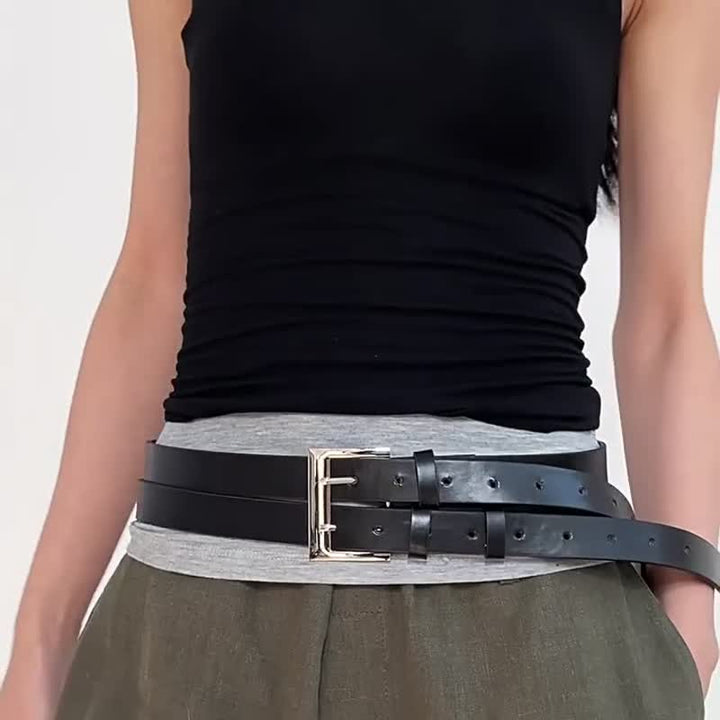 Damen-Gürtel aus schwarzem Leder mit Doppelschnalle und neuartigem Doppelriemen