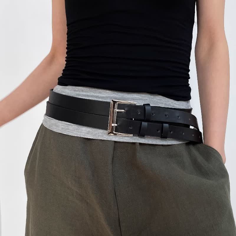 Damen-Gürtel aus schwarzem Leder mit Doppelschnalle und neuartigem Doppelriemen