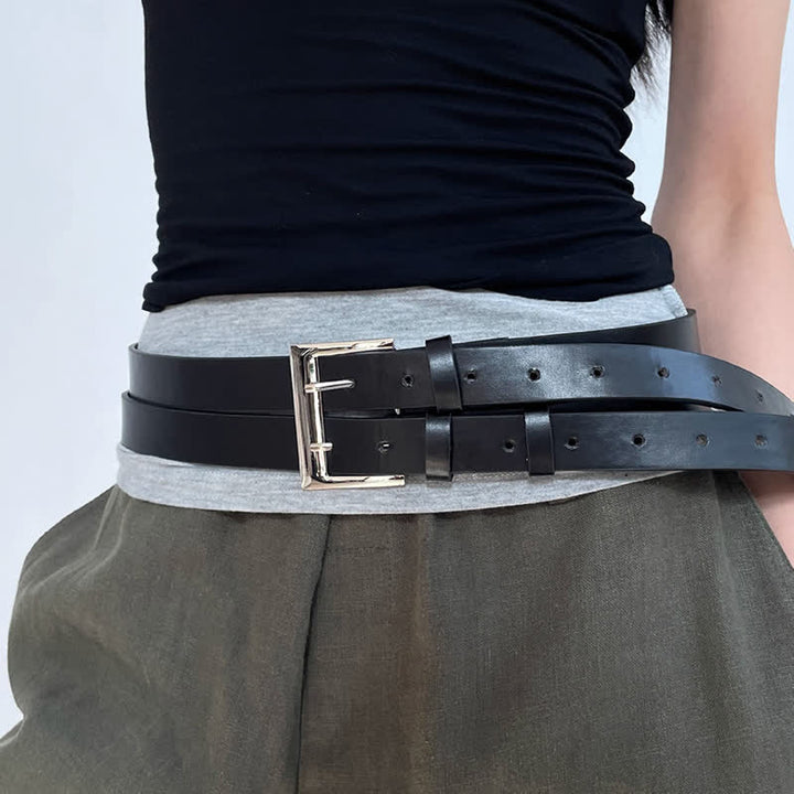 Damen-Gürtel aus schwarzem Leder mit Doppelschnalle und neuartigem Doppelriemen