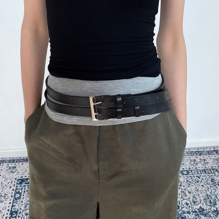 Damen-Gürtel aus schwarzem Leder mit Doppelschnalle und neuartigem Doppelriemen