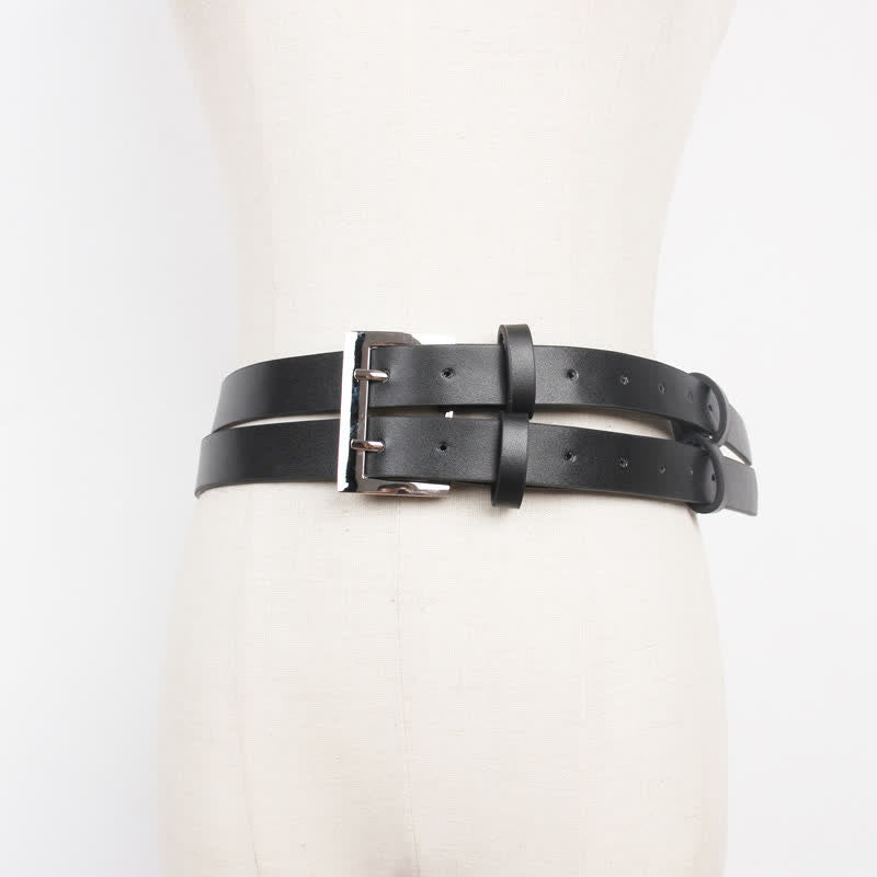 Damen-Gürtel aus schwarzem Leder mit Doppelschnalle und neuartigem Doppelriemen