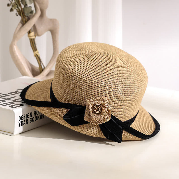 Eleganter zweifarbiger faltbarer Strohhut mit Blumenmuster für Damen