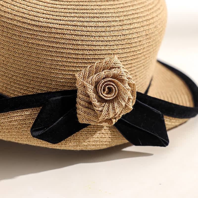 Eleganter zweifarbiger faltbarer Strohhut mit Blumenmuster für Damen