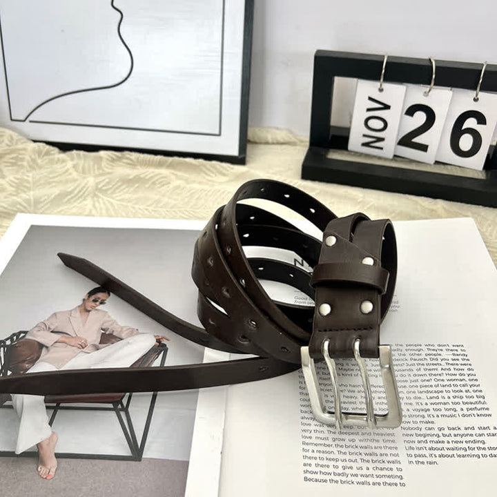 Neuartiger brauner Ledergürtel mit Doppelschnalle und zwei Riemen
