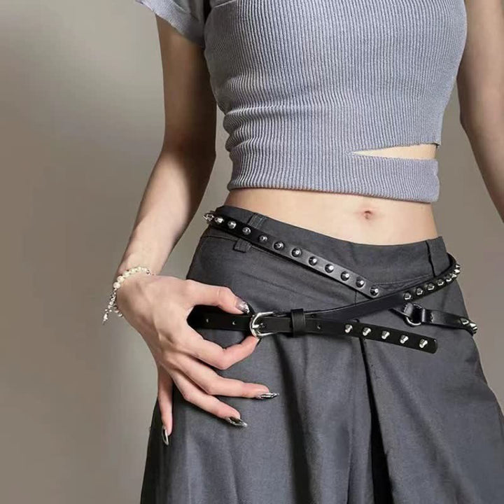 Schwarzer, extra langer, doppellagiger, lässiger Punk-Nieten-Ledergürtel für Damen