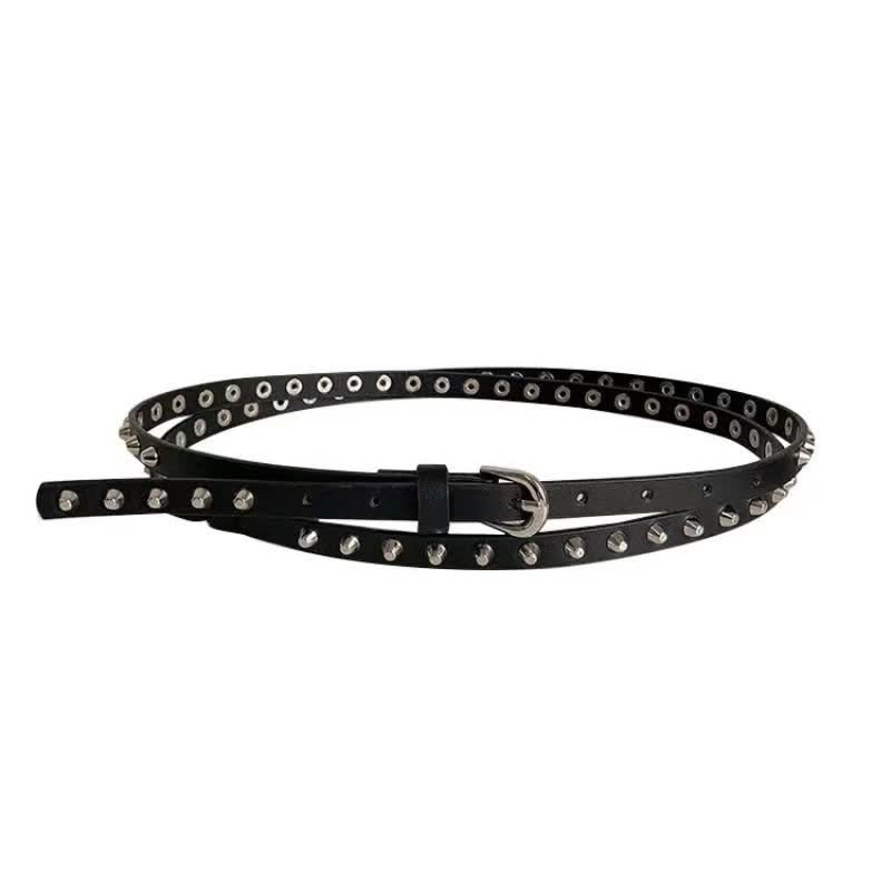 Schwarzer, extra langer, doppellagiger, lässiger Punk-Nieten-Ledergürtel für Damen